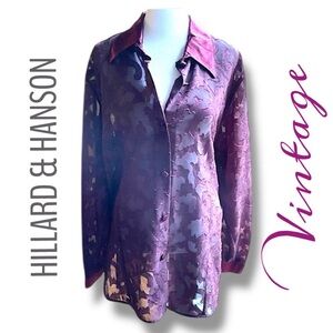 VINTAGE 90s HILLARD HANSON Sheer Plum Floral Satin Long Sleeve Tunic Blouse SZ L